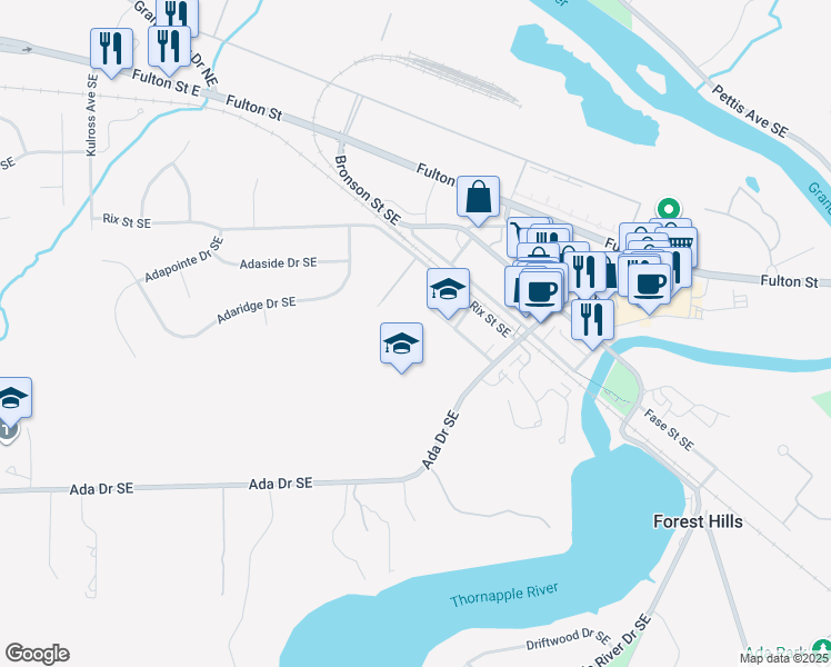 map of restaurants, bars, coffee shops, grocery stores, and more near 7192 Bradfield Street Southeast in Ada