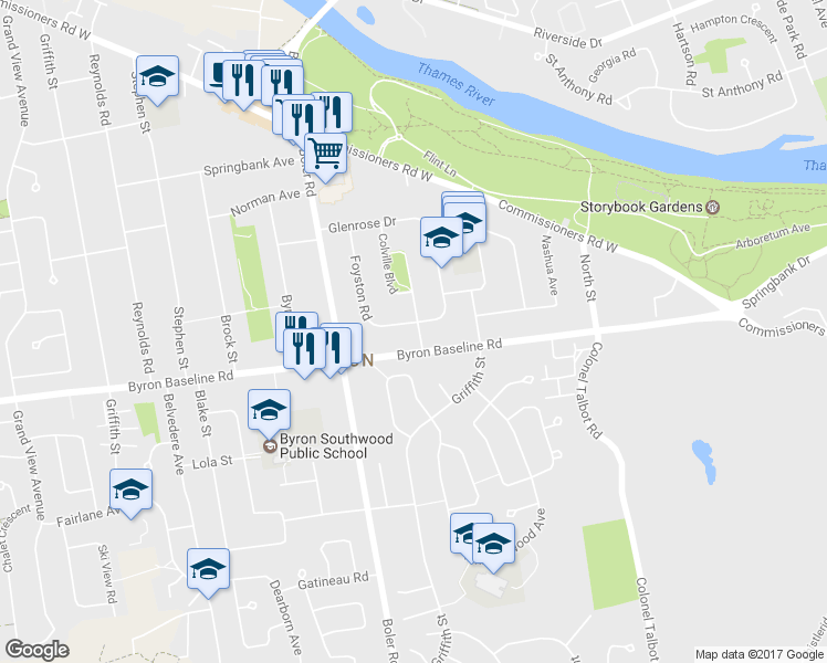 map of restaurants, bars, coffee shops, grocery stores, and more near 407 Foyston Road in London