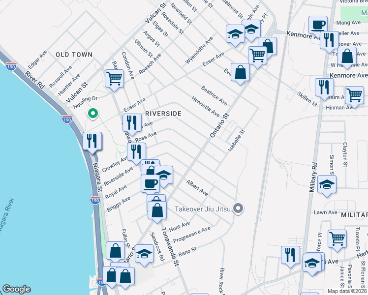 map of restaurants, bars, coffee shops, grocery stores, and more near 218 Crowley Avenue in Buffalo