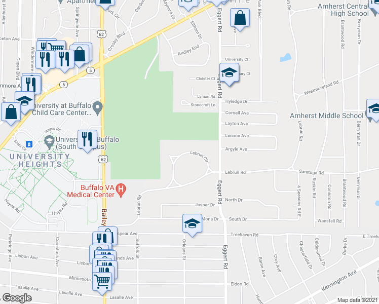 map of restaurants, bars, coffee shops, grocery stores, and more near 79 Lebrun Circle in Buffalo