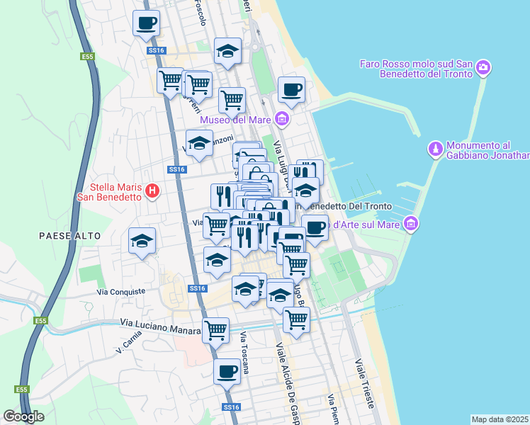 map of restaurants, bars, coffee shops, grocery stores, and more near 106 Via Roma in San Benedetto del Tronto