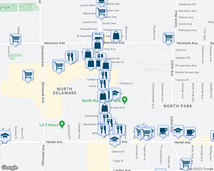 map of restaurants, bars, coffee shops, grocery stores, and more near 2611 Delaware Ave in Buffalo