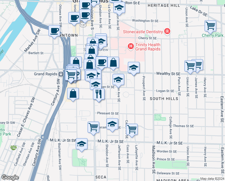 map of restaurants, bars, coffee shops, grocery stores, and more near 510 La Grave Avenue Southeast in Grand Rapids