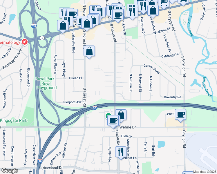 map of restaurants, bars, coffee shops, grocery stores, and more near 23 Union Common in Williamsville