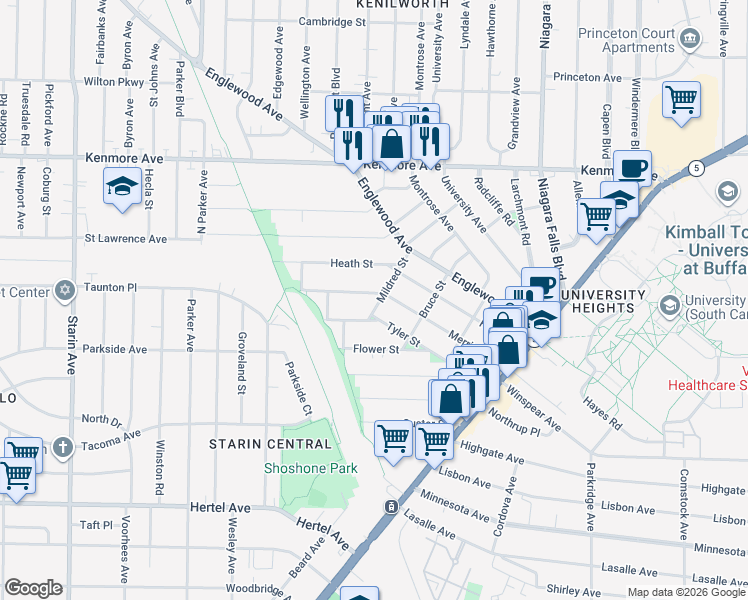 map of restaurants, bars, coffee shops, grocery stores, and more near 180 Merrimac St in Buffalo