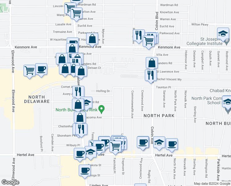 map of restaurants, bars, coffee shops, grocery stores, and more near 223 Virgil Avenue in Buffalo