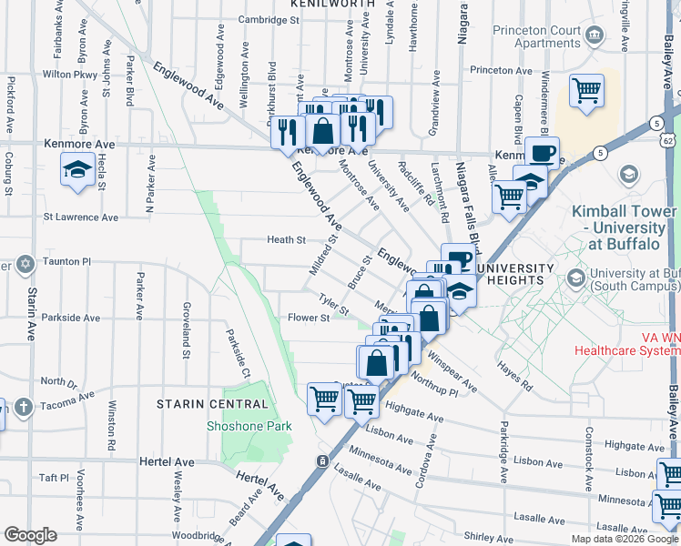 map of restaurants, bars, coffee shops, grocery stores, and more near 135 Merrimac Street in Buffalo