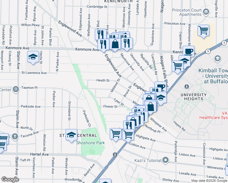 map of restaurants, bars, coffee shops, grocery stores, and more near in Buffalo