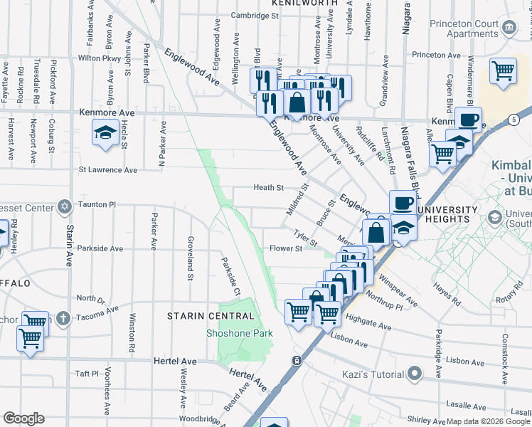 map of restaurants, bars, coffee shops, grocery stores, and more near 218 Merrimac Street in Buffalo