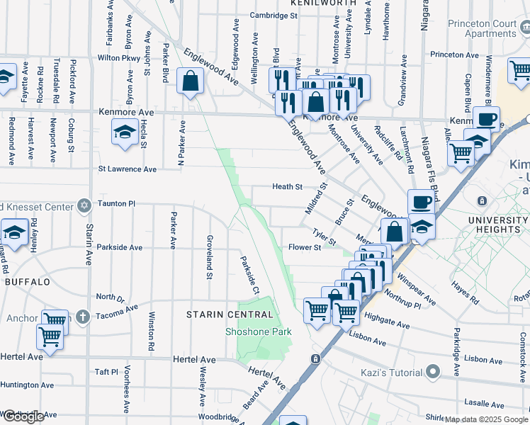 map of restaurants, bars, coffee shops, grocery stores, and more near 228 Merrimac Street in Buffalo