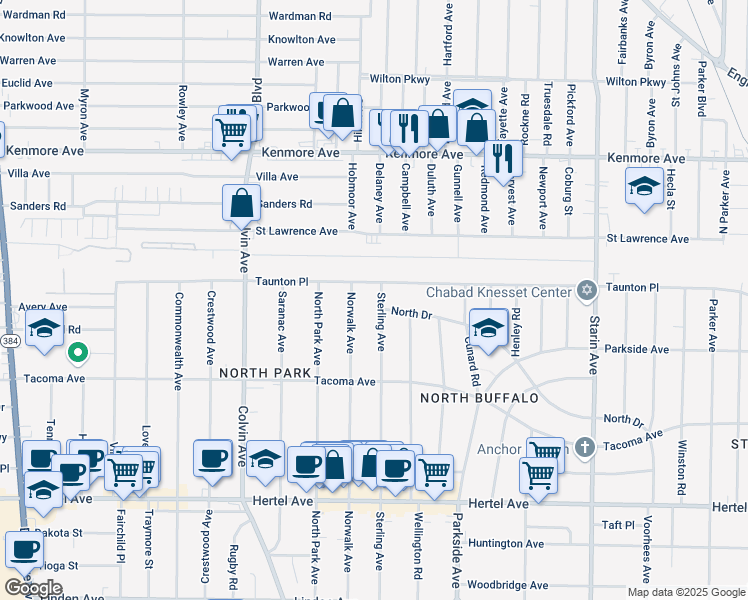 map of restaurants, bars, coffee shops, grocery stores, and more near 336 Sterling Avenue in Buffalo