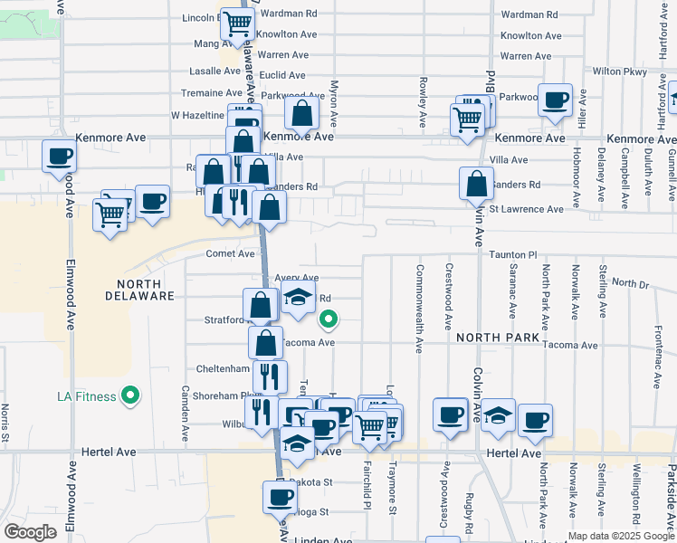 map of restaurants, bars, coffee shops, grocery stores, and more near 19 Avery Avenue in Buffalo
