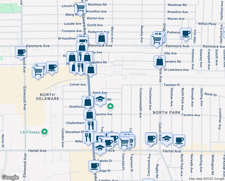 map of restaurants, bars, coffee shops, grocery stores, and more near 19 Avery Avenue in Buffalo