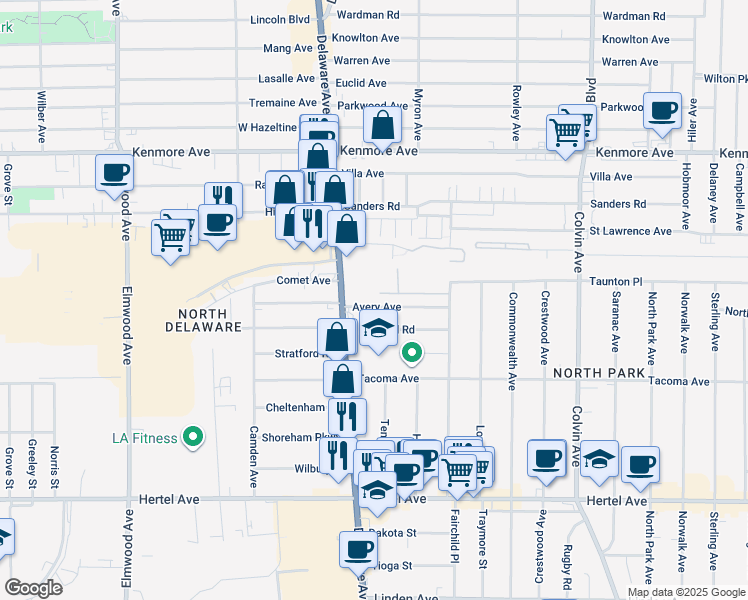 map of restaurants, bars, coffee shops, grocery stores, and more near 51 Avery Avenue in Buffalo