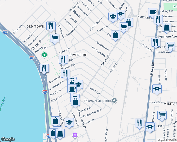 map of restaurants, bars, coffee shops, grocery stores, and more near 218 Crowley Avenue in Buffalo
