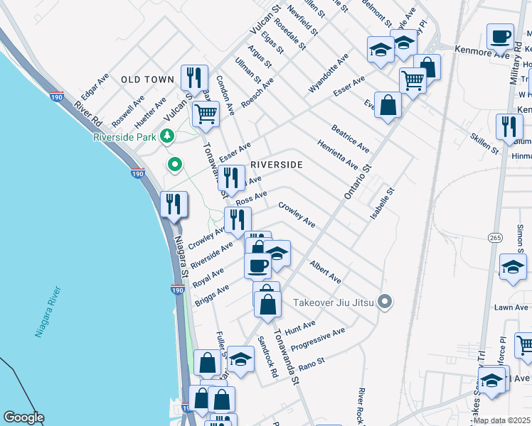map of restaurants, bars, coffee shops, grocery stores, and more near 136 Crowley Avenue in Buffalo