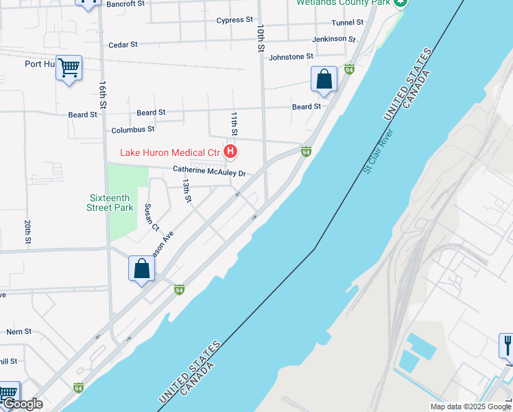 map of restaurants, bars, coffee shops, grocery stores, and more near 2675 Military Street in Port Huron