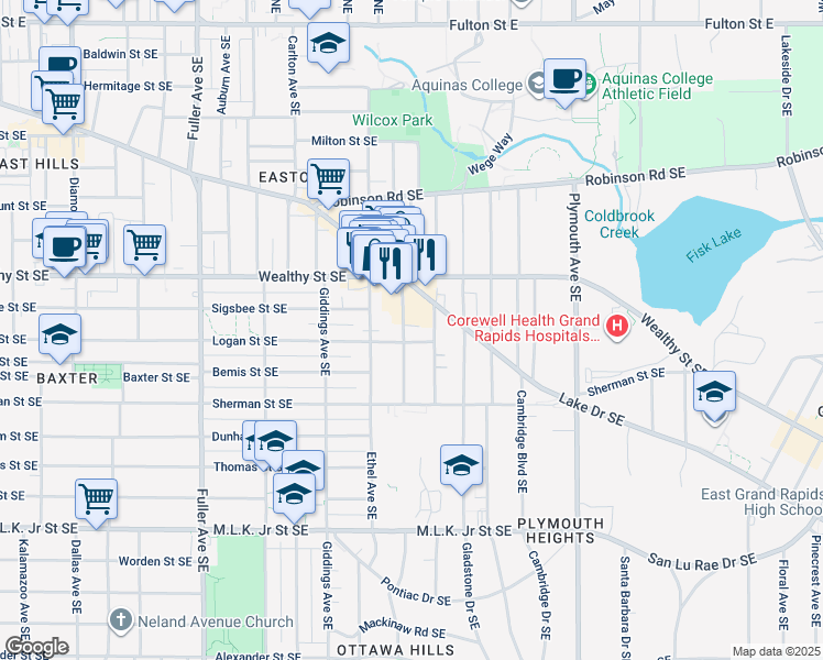 map of restaurants, bars, coffee shops, grocery stores, and more near 451 Norwood Avenue Southeast in Grand Rapids