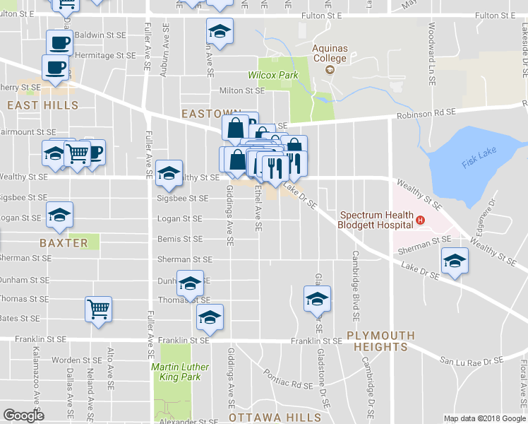 map of restaurants, bars, coffee shops, grocery stores, and more near 451 Norwood Avenue Southeast in Grand Rapids