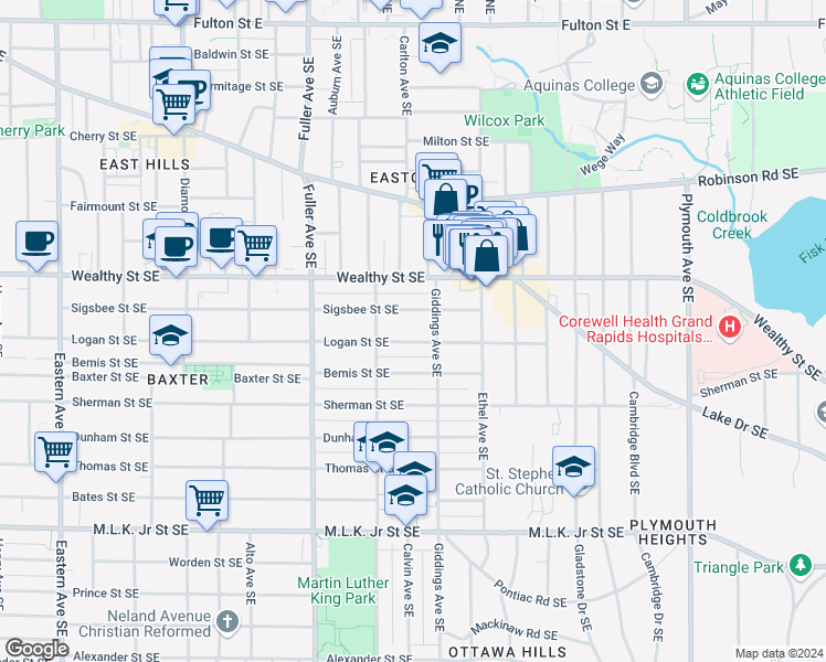 map of restaurants, bars, coffee shops, grocery stores, and more near 1351 Logan Street Southeast in Grand Rapids