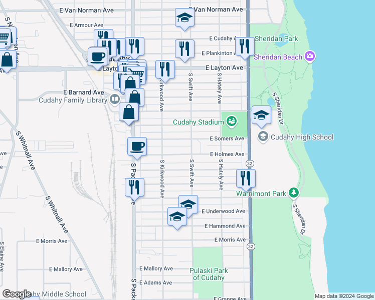 map of restaurants, bars, coffee shops, grocery stores, and more near 3776 East Holmes Avenue in Cudahy