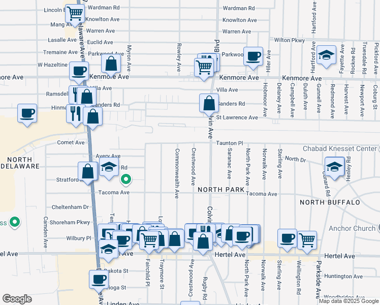 map of restaurants, bars, coffee shops, grocery stores, and more near 324 Crestwood Avenue in Buffalo