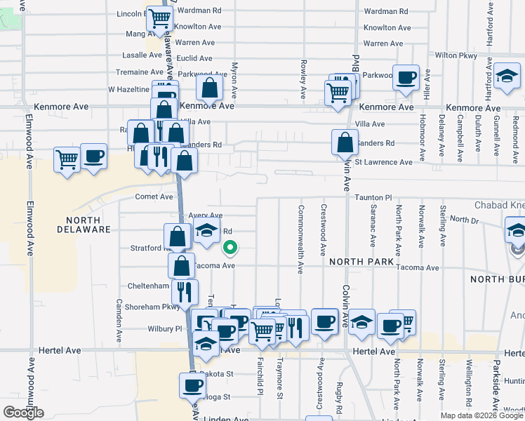 map of restaurants, bars, coffee shops, grocery stores, and more near 223 Virgil Avenue in Buffalo