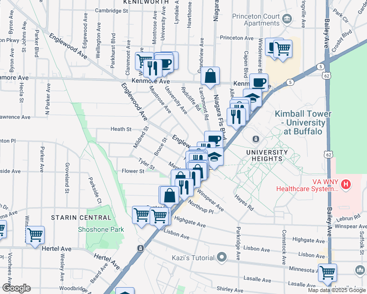 map of restaurants, bars, coffee shops, grocery stores, and more near 78 Englewood Avenue in Buffalo