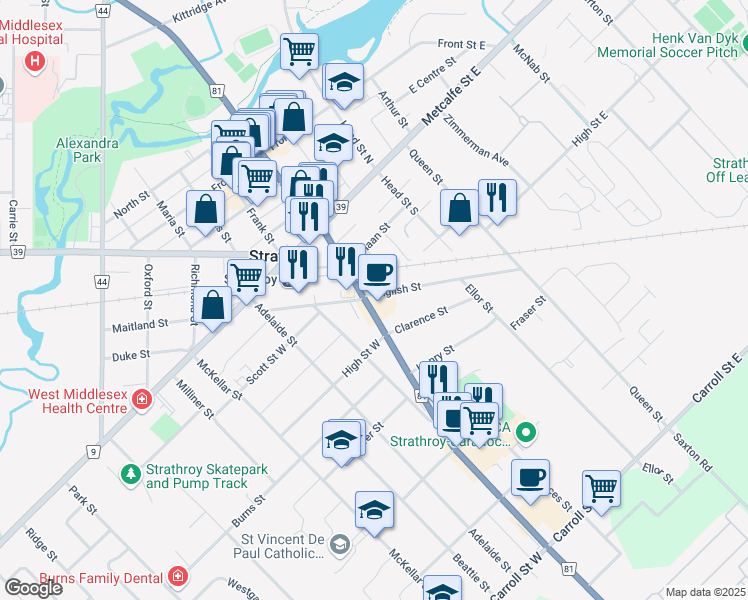 map of restaurants, bars, coffee shops, grocery stores, and more near 95 Caradoc Street South in Strathroy