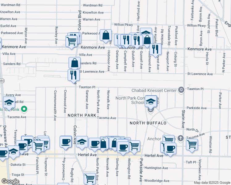 map of restaurants, bars, coffee shops, grocery stores, and more near 336 Sterling Avenue in Buffalo
