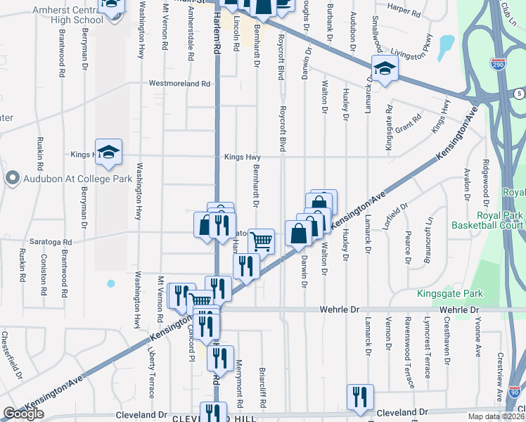 map of restaurants, bars, coffee shops, grocery stores, and more near 310 Bernhardt Drive in Buffalo