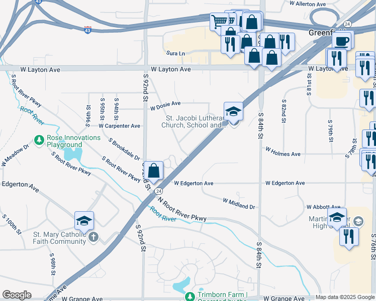 map of restaurants, bars, coffee shops, grocery stores, and more near 8840 South Woodlawn Place in Greenfield
