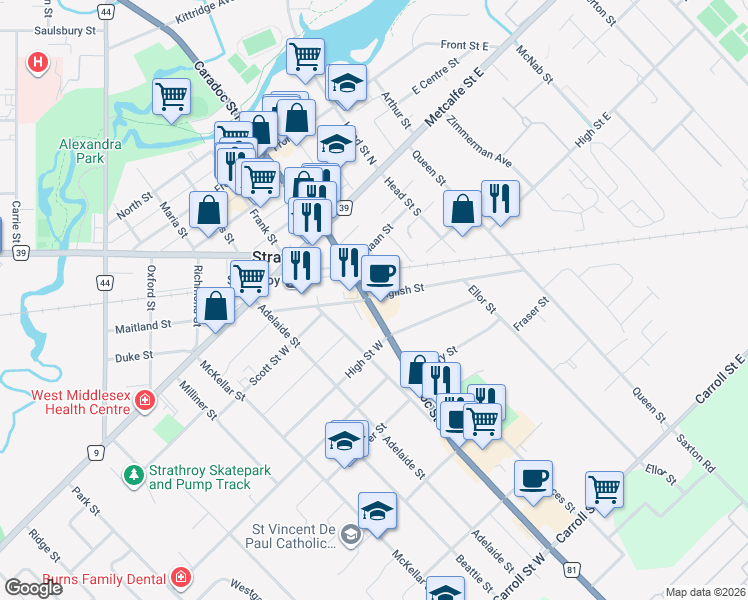 map of restaurants, bars, coffee shops, grocery stores, and more near 95 Caradoc Street South in Strathroy