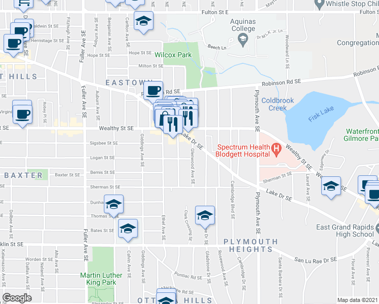 map of restaurants, bars, coffee shops, grocery stores, and more near 449 Glenwood Avenue Southeast in Grand Rapids