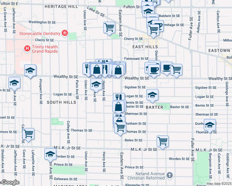 map of restaurants, bars, coffee shops, grocery stores, and more near 743 Logan Street Southeast in Grand Rapids
