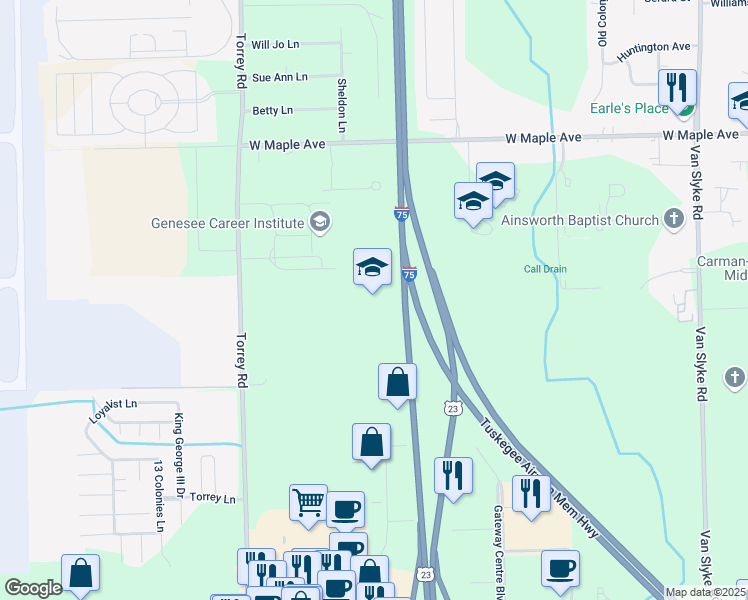map of restaurants, bars, coffee shops, grocery stores, and more near 5081 Torrey Road in Flint