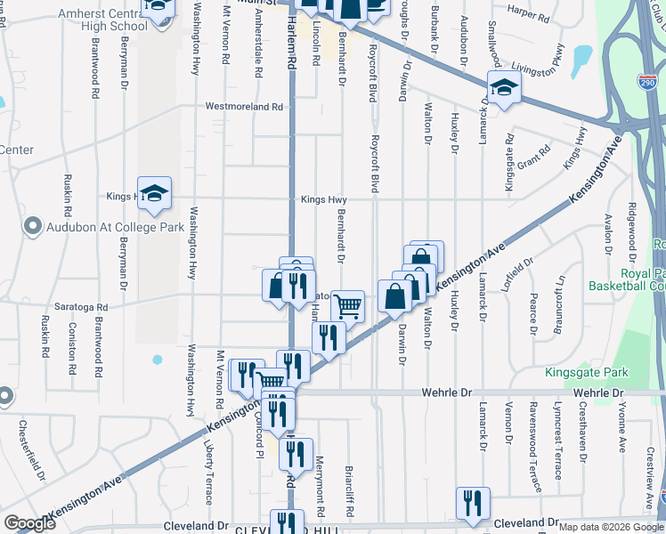 map of restaurants, bars, coffee shops, grocery stores, and more near 310 Bernhardt Drive in Buffalo