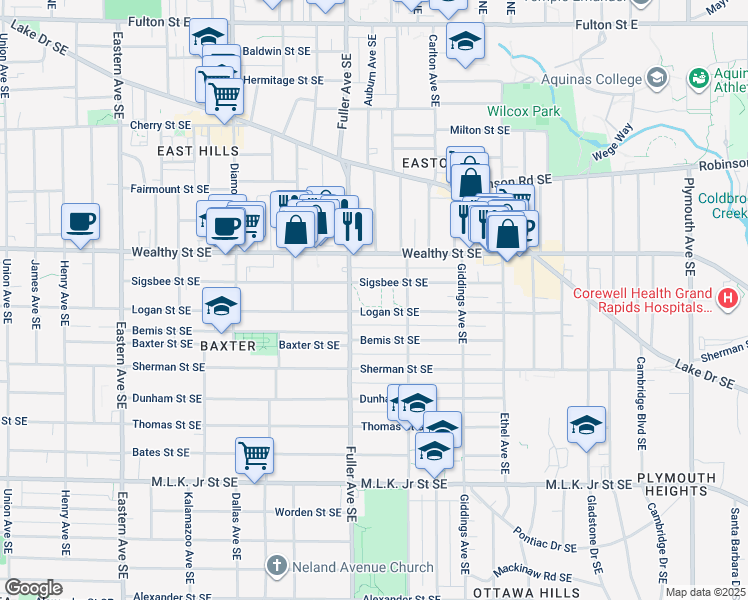 map of restaurants, bars, coffee shops, grocery stores, and more near 1250 Sigsbee Street Southeast in Grand Rapids