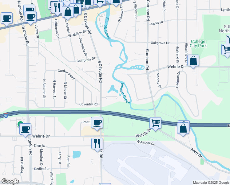 map of restaurants, bars, coffee shops, grocery stores, and more near 23 Fisher Pond Court in Buffalo