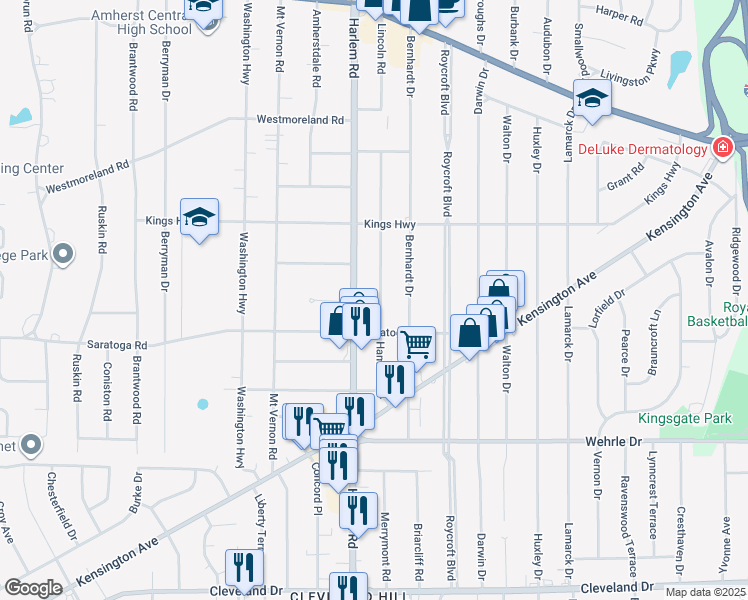 map of restaurants, bars, coffee shops, grocery stores, and more near 167 Hamilton Drive in Buffalo