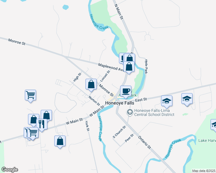 map of restaurants, bars, coffee shops, grocery stores, and more near 17 Monroe St in Honeoye Falls