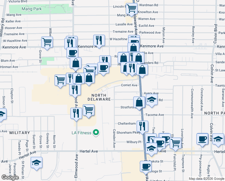map of restaurants, bars, coffee shops, grocery stores, and more near 226 Camden Avenue in Buffalo
