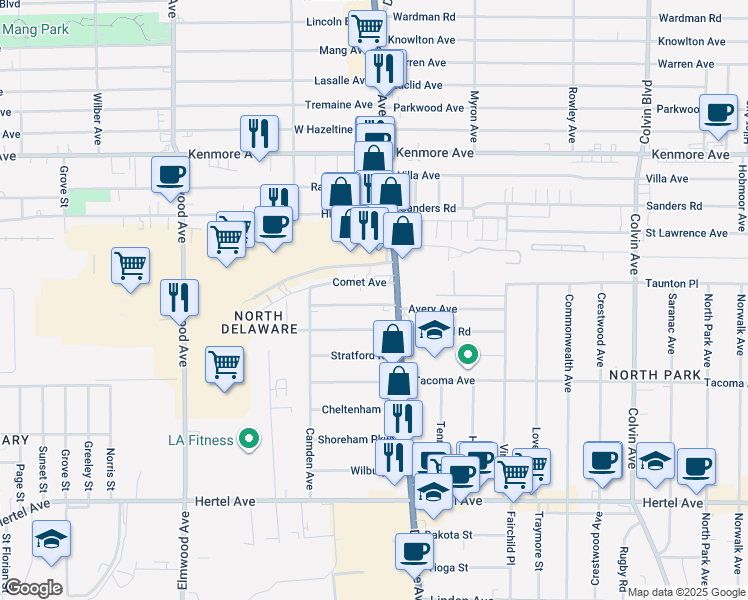map of restaurants, bars, coffee shops, grocery stores, and more near 125 Avery Avenue in Buffalo
