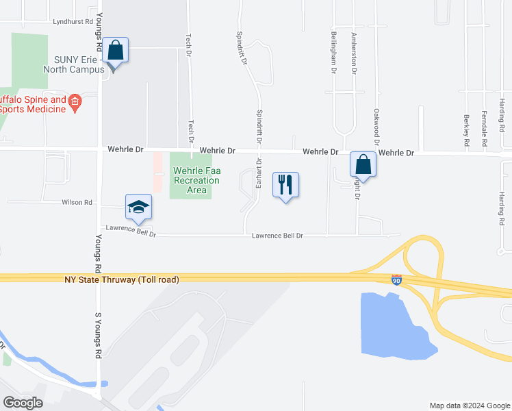 map of restaurants, bars, coffee shops, grocery stores, and more near 153 Earhart Drive in Buffalo