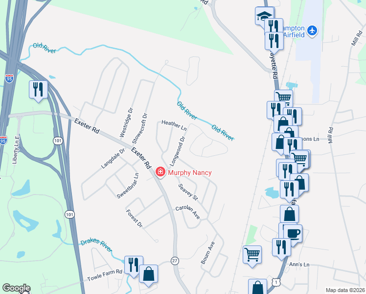 map of restaurants, bars, coffee shops, grocery stores, and more near 17 Longwood Drive in Hampton