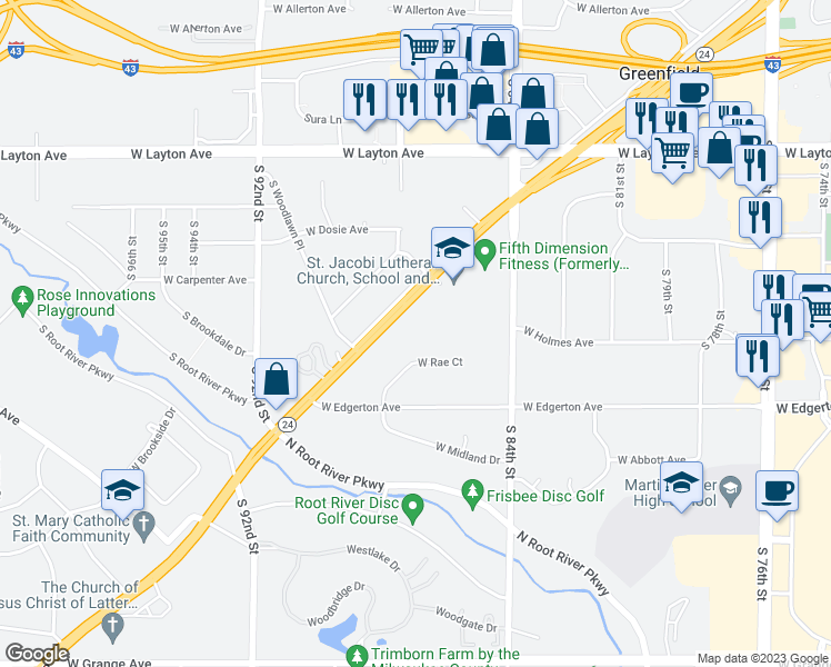 map of restaurants, bars, coffee shops, grocery stores, and more near 8765 West Forest Home Avenue in Greenfield
