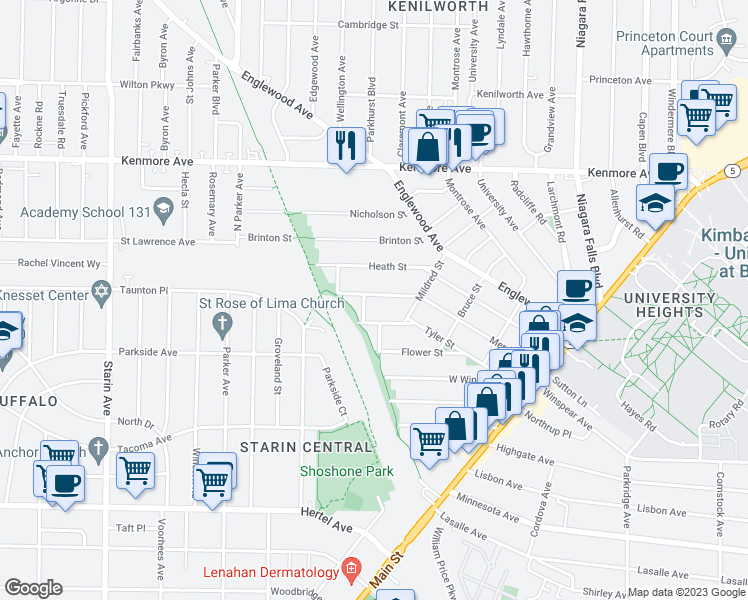 map of restaurants, bars, coffee shops, grocery stores, and more near 218 Merrimac Street in Buffalo