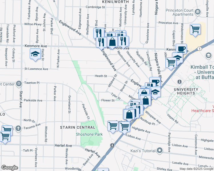 map of restaurants, bars, coffee shops, grocery stores, and more near 180 Merrimac Street in Buffalo