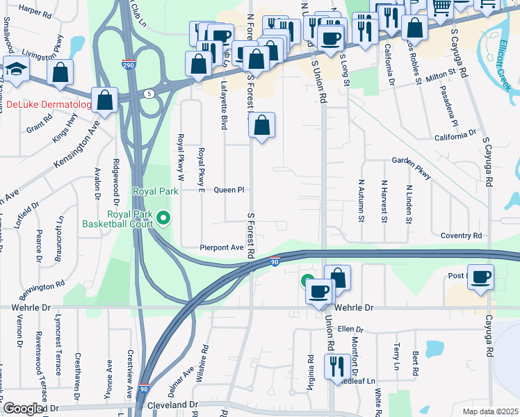 map of restaurants, bars, coffee shops, grocery stores, and more near 230 South Forest Road in Buffalo