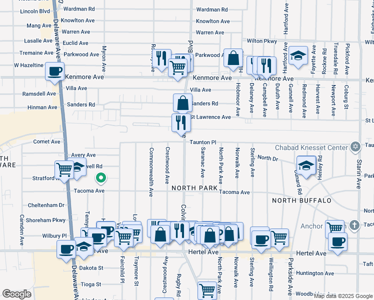 map of restaurants, bars, coffee shops, grocery stores, and more near 485 Colvin Avenue in Buffalo